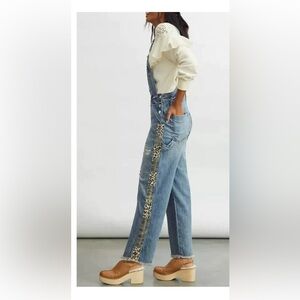 Pilcro Anthropologie Lex Leopard Camo Distressed Denim Overalls
